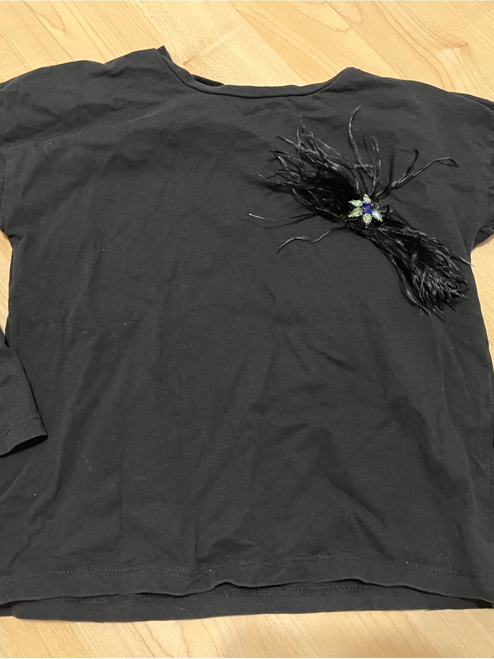 Zara Girls Black Tshirt Tee Top with Feather and Bead Accent